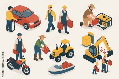 Fuel Station Activities. Situations set icons in modern isometric flat : person refueling car, worker carrying fuel can, camper filling generator,