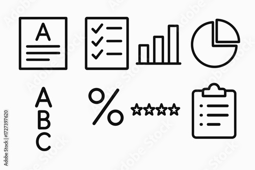 Report Card Icons. Objects icons in outline style: report card, checklist, bar chart, pie chart, letter grades, percentage symbol, star rating,