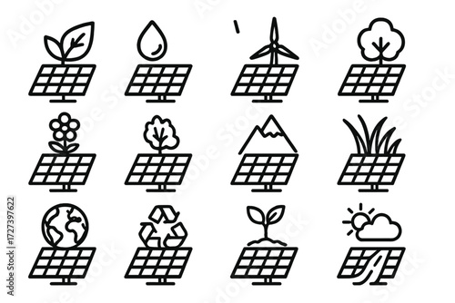 Eco-Friendly Icon Set. Environment solar panel icons in outline style: eco leaf, water droplet, wind turbine, tree, flower, mountain peak, grass