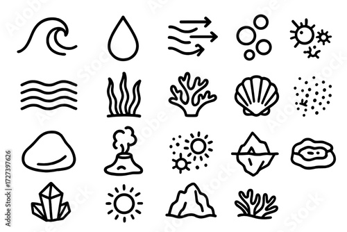 Ocean Elements Icons. Ocean elements icons in outline style: wave, water droplet, current arrows, bubble cluster, sand ripple, seaweed, coral, shell,