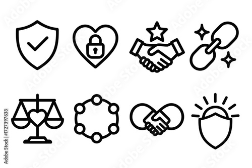 Trust and Protection Icons. Symbols icons in outline style: shield with checkmark, heart with lock, handshake with star, chain with sparkles, scale