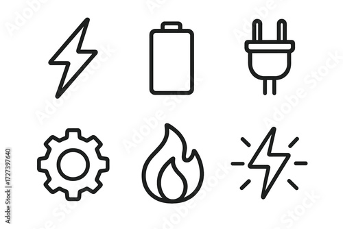 Power Icon Set. Power icons icons in outline style: energy bolt, battery, plug, gear, flame, lightning spark