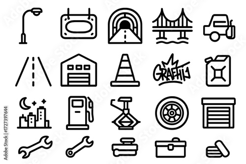 Urban Icon Collection. Urban vibe icons in outline style: streetlight, neon sign, underground tunnel, bridge, highway, warehouse, cones, graffiti tag