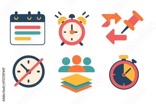Busy Schedule Icons. Overbooked time in modern flat vector : calendar with three events, alarm ringing, overlapping arrows, pushpin, crossed clock,