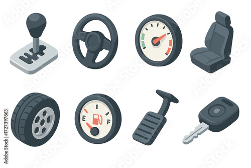 Driving Essentials Icons. Driving essentials set icons in modern isometric flat : gear shift, steering wheel, speedometer, car seat, tire, fuel gauge,