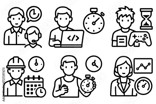 Timing and Monitoring Icons. Situations icons in outline style: customer checking support time, developer measuring response speed, student timing