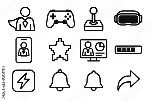 Digital Hero Icons. Digital hero landing icons in outline style: avatar with cape, game controller, joystick, VR headset, smartphone with hero icon,