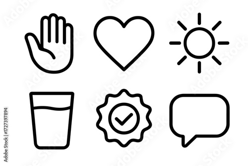 Symbols of Honesty. Honesty symbols icons in outline style: open hand, heart, shining sun, clear glass, checkmark badge, speech bubble