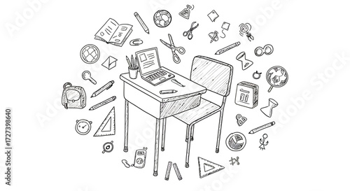 School Desk with Laptop and Supplies Sketch