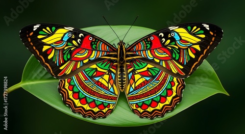 Intricate Butterfly with Exotic Bird Designs on a Lush Green Leaf Against a Dark Background
