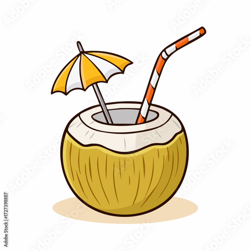 A refreshing coconut drink with a straw and a small umbrella, perfect for a tropical vacation.