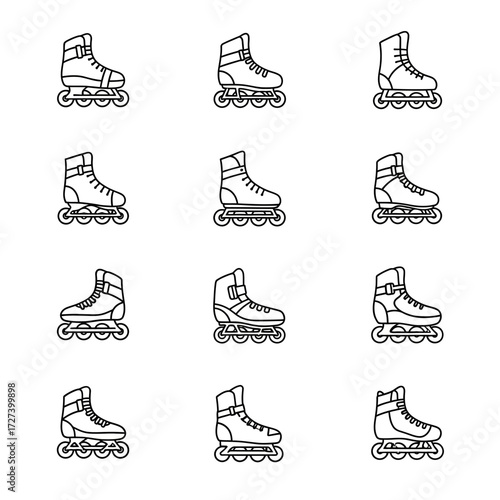 Collection of diverse roller skate styles and designs for active sports and recreation isolated on white background