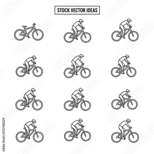 Dynamic mountain biker poses collection of action sports cycling bicycle illustrations isolated on white background