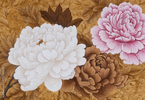 A detailed painting displays three peonies in shades of white, pink, and brown, set against a golden, ornate background.