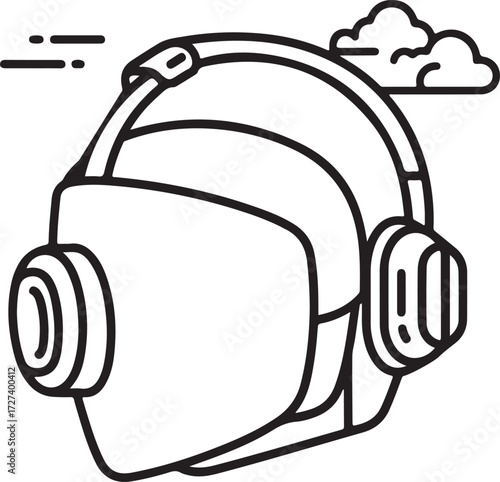 Immersive Virtual Reality Headset with Headphones and Digital Elements