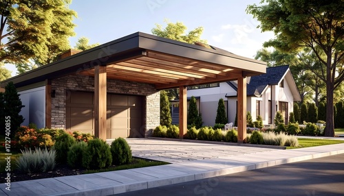 Modern garage with covered carport in a residential neighborhood