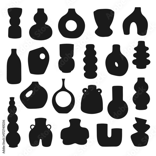 Collection of black pottery vase silhouettes. Modern ceramic shapes set for minimalist decor, home design, pottery studio branding, poster, sticker, packaging.
