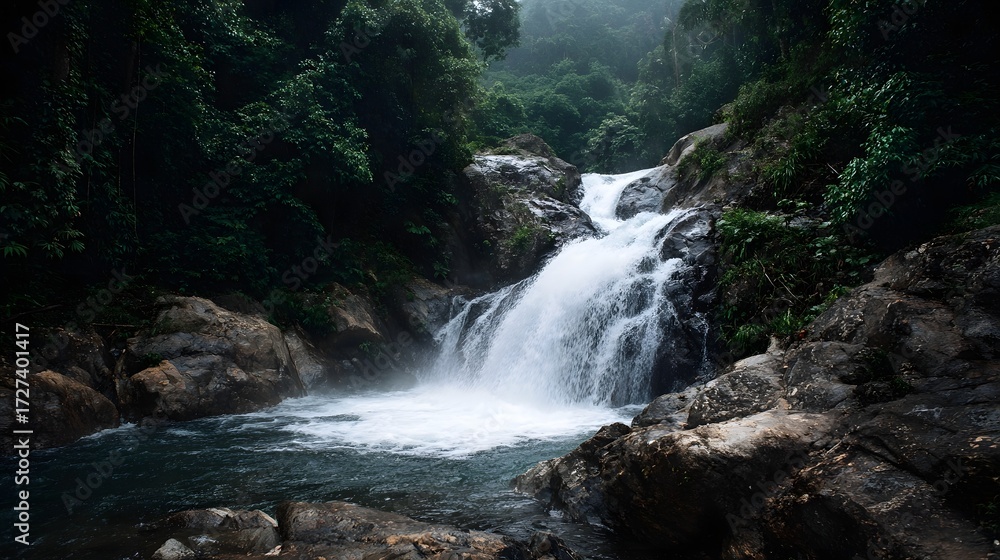 Fototapeta premium A majestic waterfall cascades through a lush dense tropical jungle surrounded by rocks and vibrant green foliage creating a serene natural scene