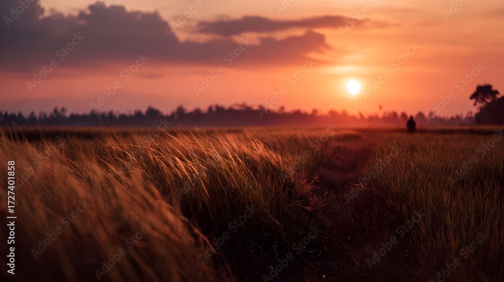 Obraz premium Golden sunset over a vast rural field with a silhouette of a person walking along a path