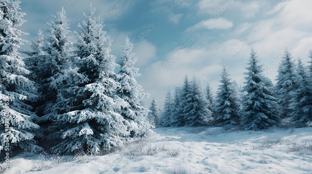 Naklejka premium A serene winter scene with snow laden pine trees under a clear blue sky with scattered clouds