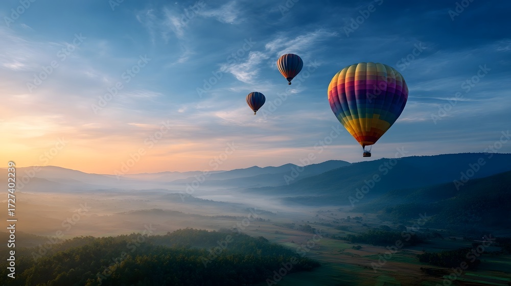 Naklejka premium Vibrant hot air balloons float over a misty green valley at sunrise