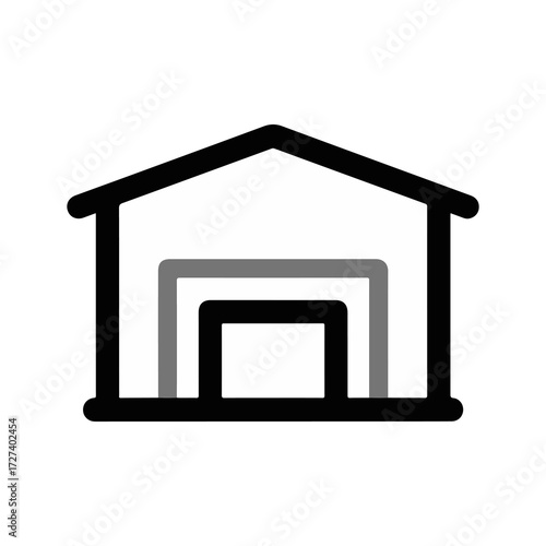 Minimalist black and gray vector icon of a generic warehouse or industrial storage building, perfect for representing logistics, supply chain, inventory, and facility concepts in design projects