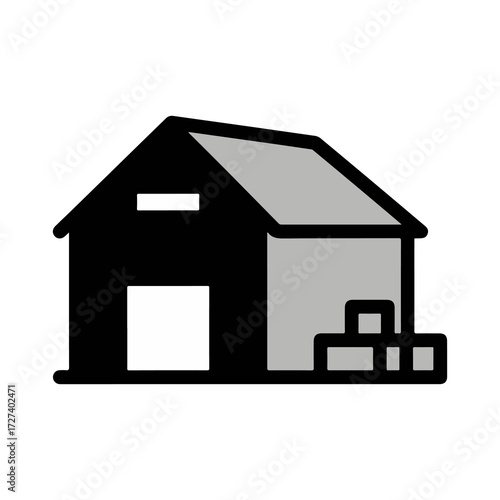 Simple graphic icon representing a traditional barn or warehouse structure, ideal for storage, agricultural facilities, or industrial logistics illustrations and vector designs
