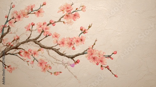Traditional Japanese-style line art of sakura branches on light rice paper texture background, soft pastel tones