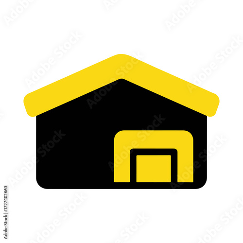 Vector illustration of a warehouse building, a minimalist yellow and black icon symbolizing logistics, supply chain, storage, and industrial business
