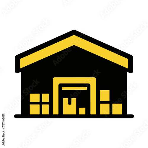 Warehouse icon with packages and boxes for logistics and distribution services. Vector illustration of a commercial storage building for inventory