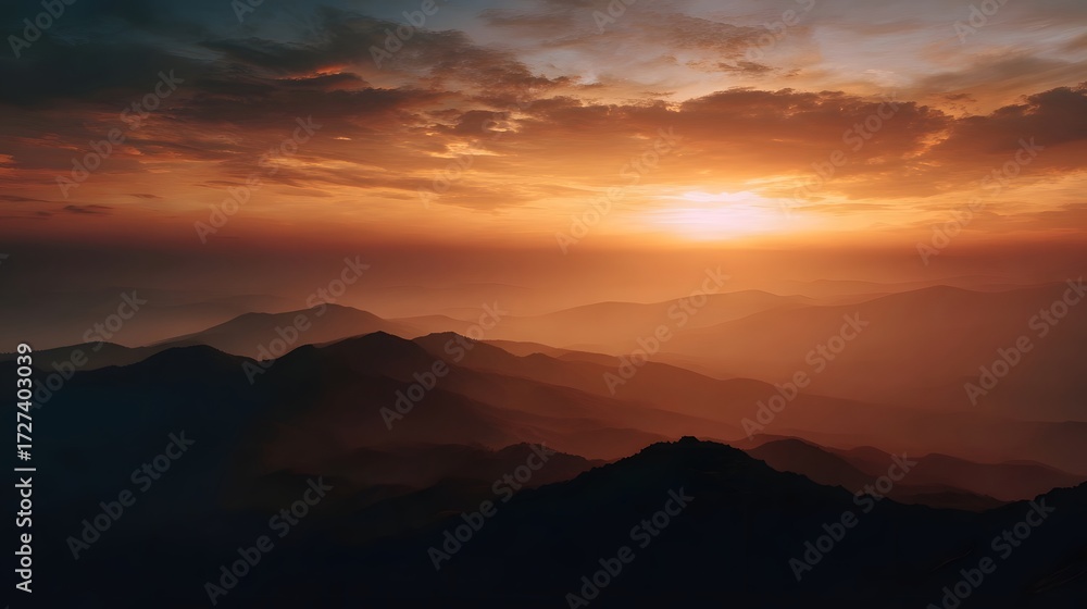 Obraz premium Majestic mountain range bathed in the warm golden light of a dramatic sunrise
