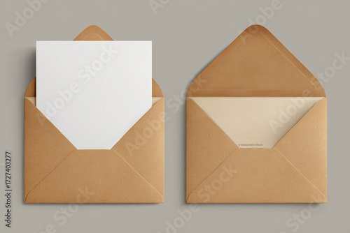 Two open kraft envelopes with blank white cards
