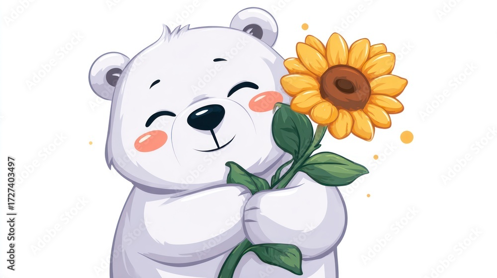 Fototapeta premium Cute polar bear with sunflower