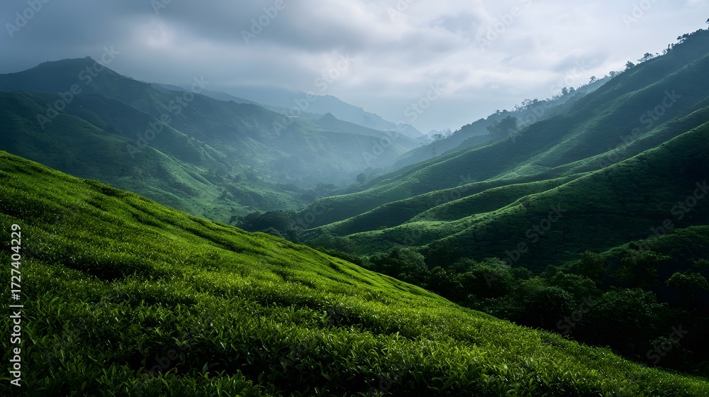 Fototapeta premium Lush green tea plantation covers rolling hills in a misty mountain landscape under soft morning light