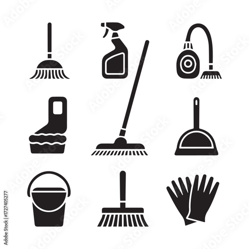 Vector art of cleaning tools silhouette broom, spray, mop, vacuum cleaner, bucket, duster, gloves in black and white style