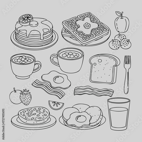 A delightful assortment of breakfast foods featuring pancakes, waffles, fruits, and beverages on a light .