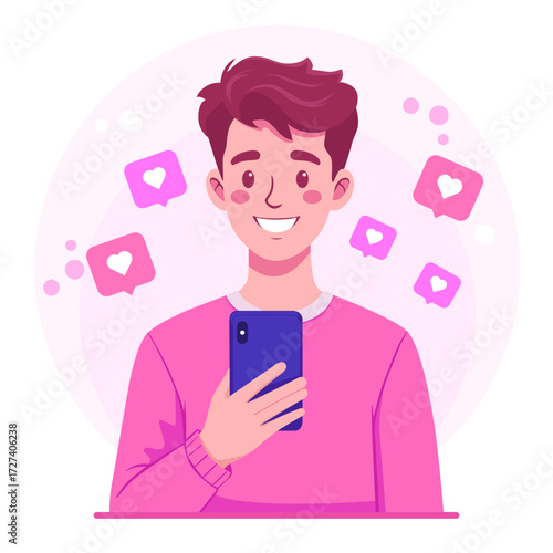 Social Media Marketing. Man with Smartphone and Icons Vector Illustration