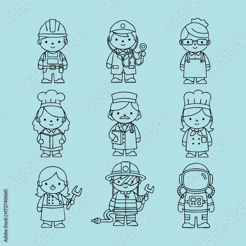 A diverse group of cartoon characters representing various professions including healthcare, cooking, and engineering.