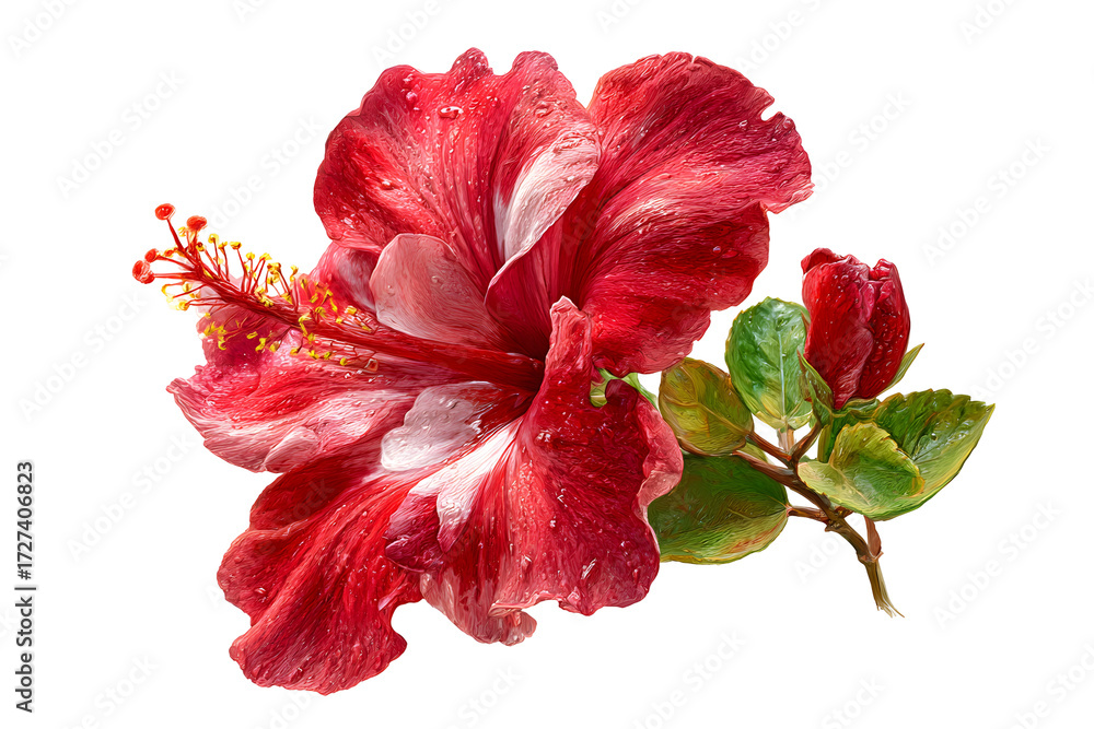 Fototapeta premium Red hibiscus flower bloom, bright tropical botanical decorative realistic illustration. Isolated on transparent background.