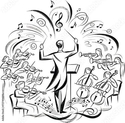 Vector, illustration, music conductor, orchestra, opera, music event