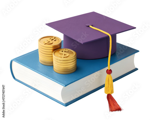 Graduation cap on blue book with stacks of gold coins mortarboard stacks of coins