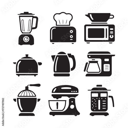 Vector art of collection of kitchen appliances icons, including blender, toaster, microwave, pot, kettle, coffee maker and mixer