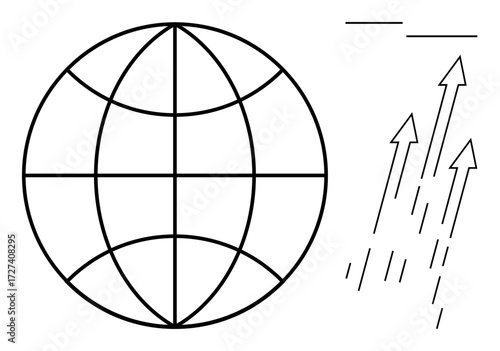 Globe with grid lines next to multiple upward arrows symbolizing growth, progress, and global reach concepts. Ideal for business, technology, globalization, success, networking, communication