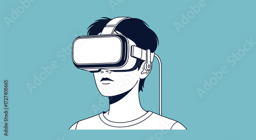 Stylized illustration of a person wearing a virtual reality headset immersed in a digital world
