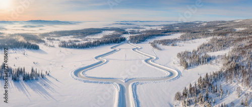 Aerial view of snowy landscape with road shaped like Christmas tree in winter forest