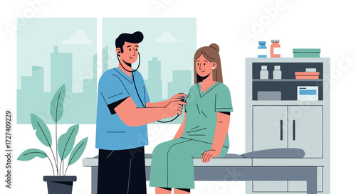 A male doctor in blue scrubs uses a stethoscope to check a female patient's chest. They are in a bright, modern medical office with plants and cabinets.