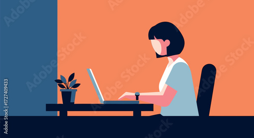 A stylized, flat illustration depicts a woman focused on her laptop at a desk. Warm light casts shadows, creating a serene and productive atmosphere in a modern, minimalist setting.