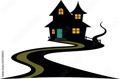 Halloween Haunted House with Steep Roof and Twisting Path, Vector Illustration