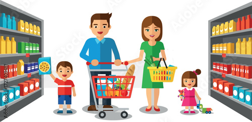 Happy cartoon family with shopping cart and baskets fills their cart with groceries in a brightly lit supermarket aisle