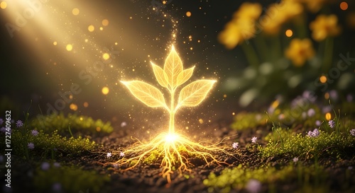 Magical glowing plant with shining roots in a natural environment under a sunbeam. Concept of natural energy, life force, and spiritual growth or healing.